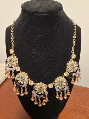 Gold Floral Statement Necklace with Champagne and Light Green Accents